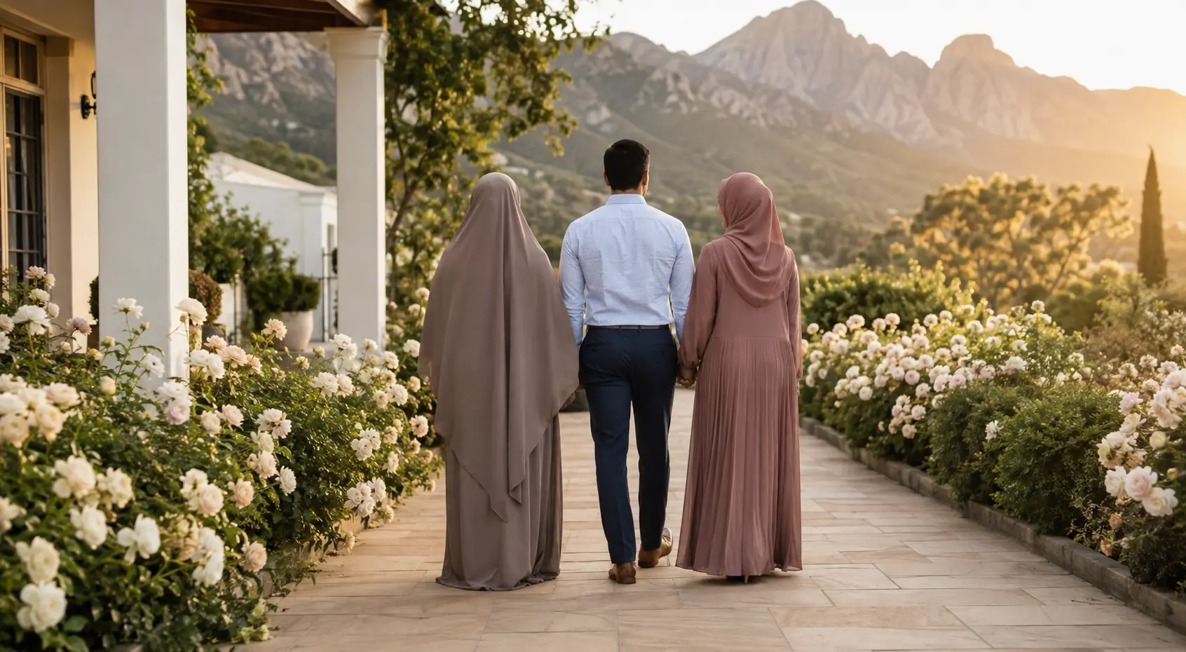 A Muslim family walking through a warm Cape garden